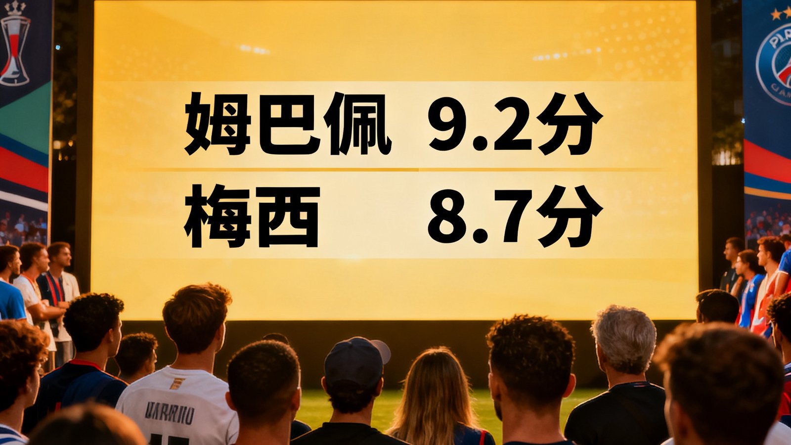 球迷在社区对球员进行评分，显示姆巴佩9.2分，梅西8.7分
